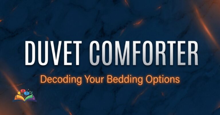 Deep navy and orange graphic highlighting the words duvet and comforter for a bedding comparison guide.