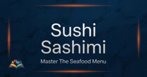 Premium navy blue graphic displaying the words sushi and sashimi with a modern typographic design.