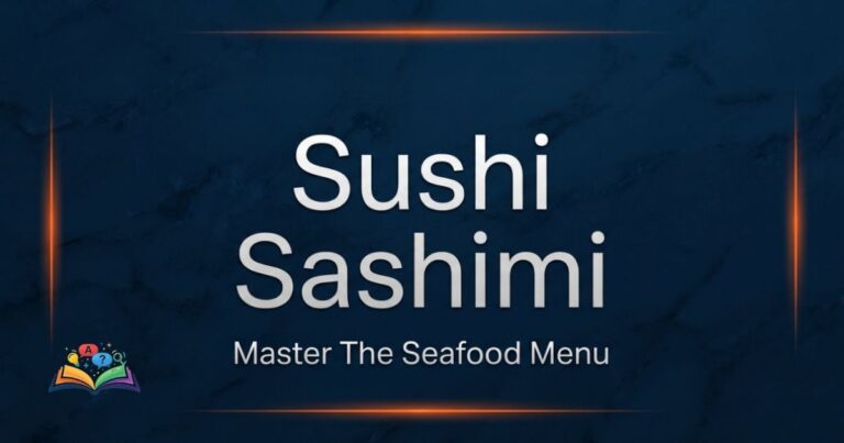 Premium navy blue graphic displaying the words sushi and sashimi with a modern typographic design.