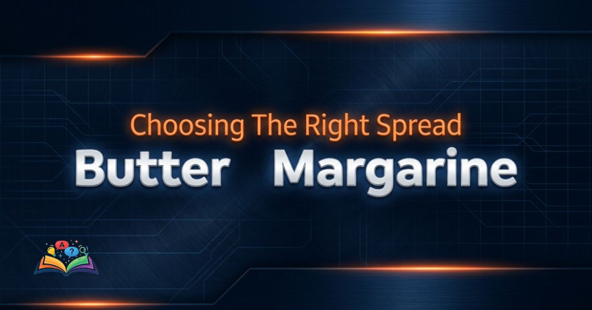 A premium digital graphic highlighting the comparison between butter and margarine on a dark navy background.