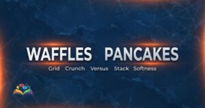 Featured graphic comparing Waffles or Pancakes with glowing text on a textured navy background.
