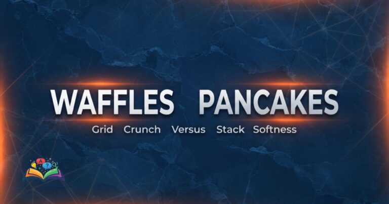 Featured graphic comparing Waffles or Pancakes with glowing text on a textured navy background.