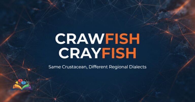 Crawfish or Crayfish visual comparison guide on a deep navy background with glowing orange light accents.